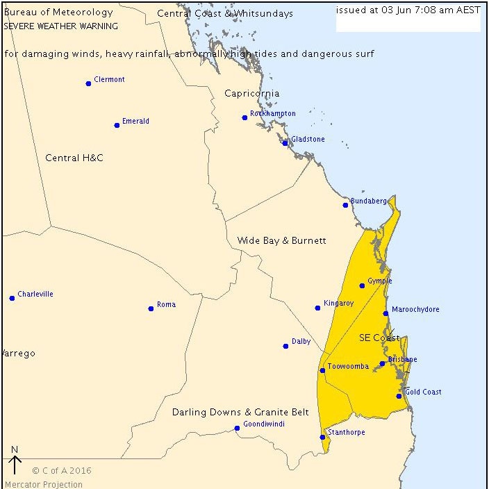 Weather bureau map of severe weather warning area in south-east Queensland