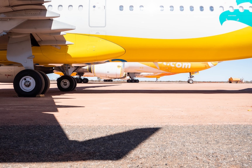 Planes are in a row at Alice Springs airport. They have bright yellow branding.