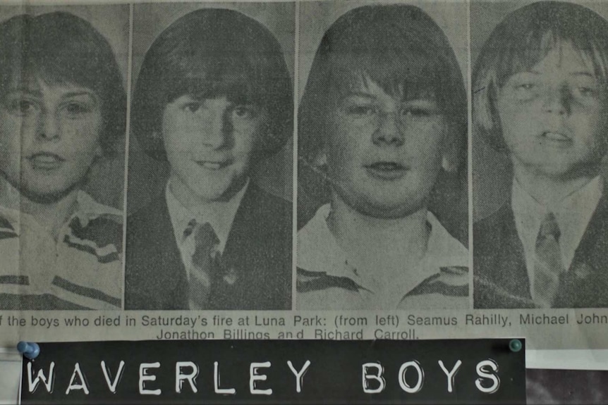 Four school pictures side by side of the boys who died in the Ghost Train fire