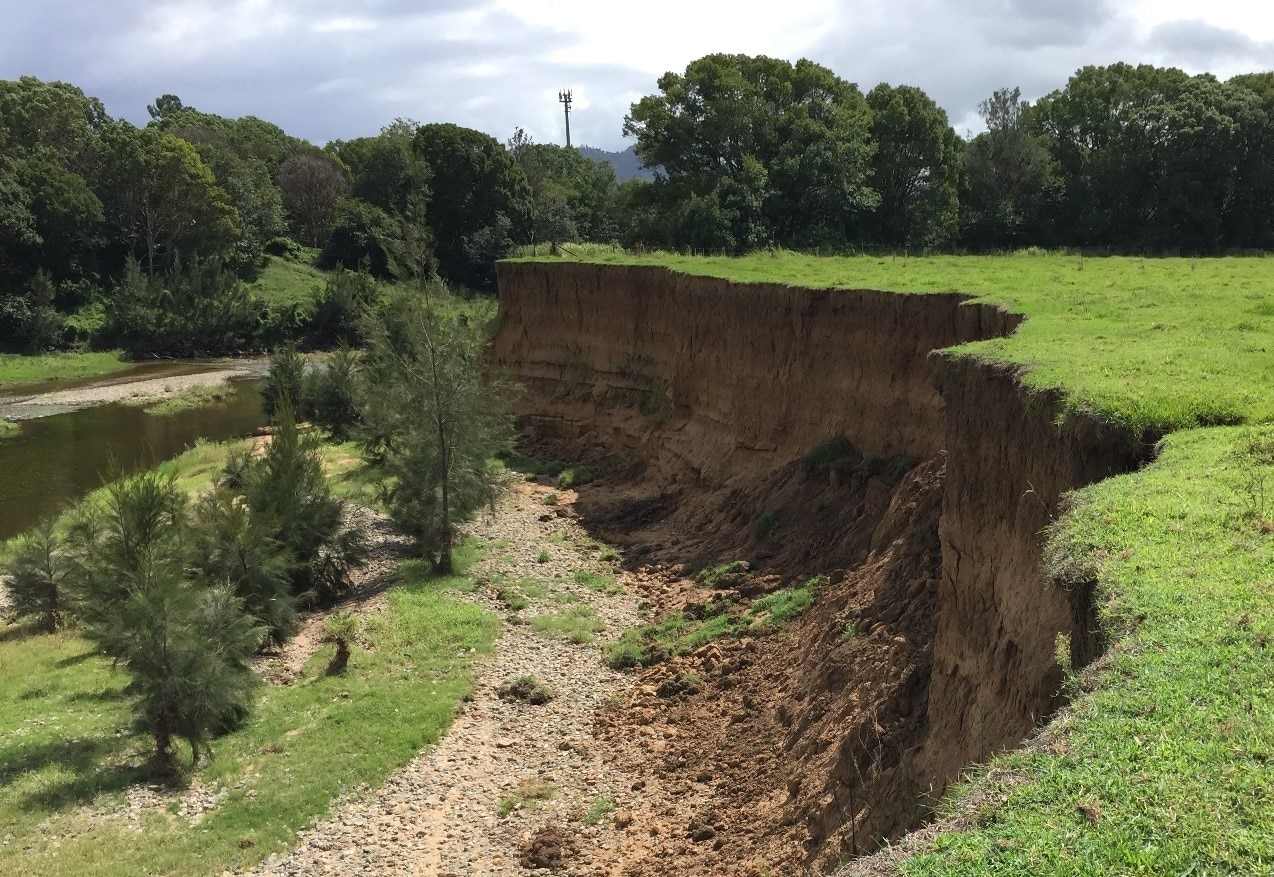 Mostrando a extensão da erosão na fazenda de Carter e como isso afetou a margem.