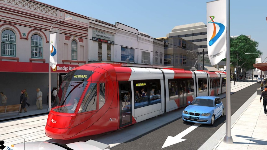 An artist's impression of light rail running along a street.