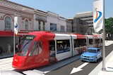 An artist's impression of light rail running along a street.