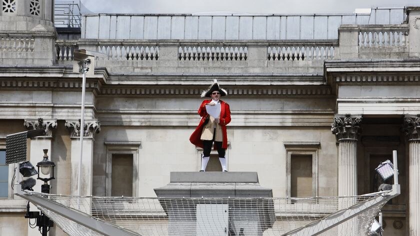 Scott Illman, dressed as a town crier, stands on the Fourth Plinth