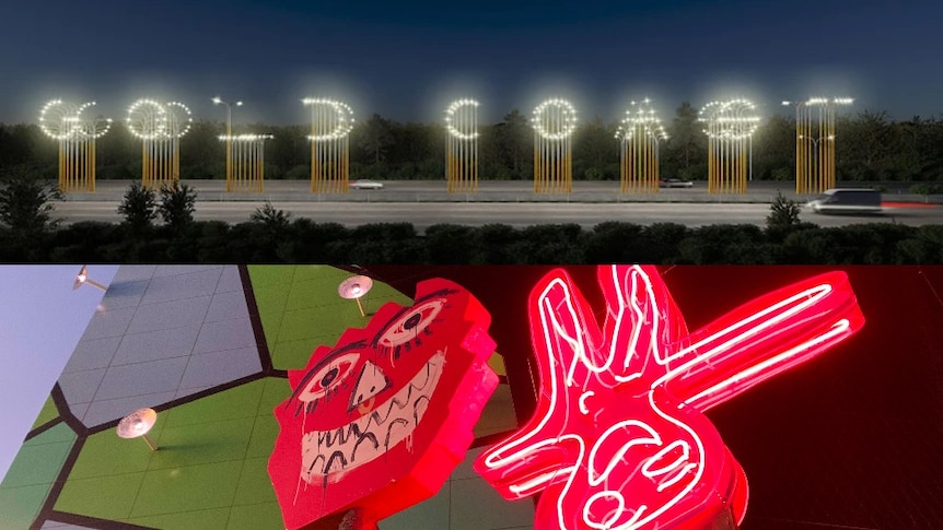 A composite image of an artist's impression of the "hi-Lights" installation and "the avatar" sculpture at HOTA.