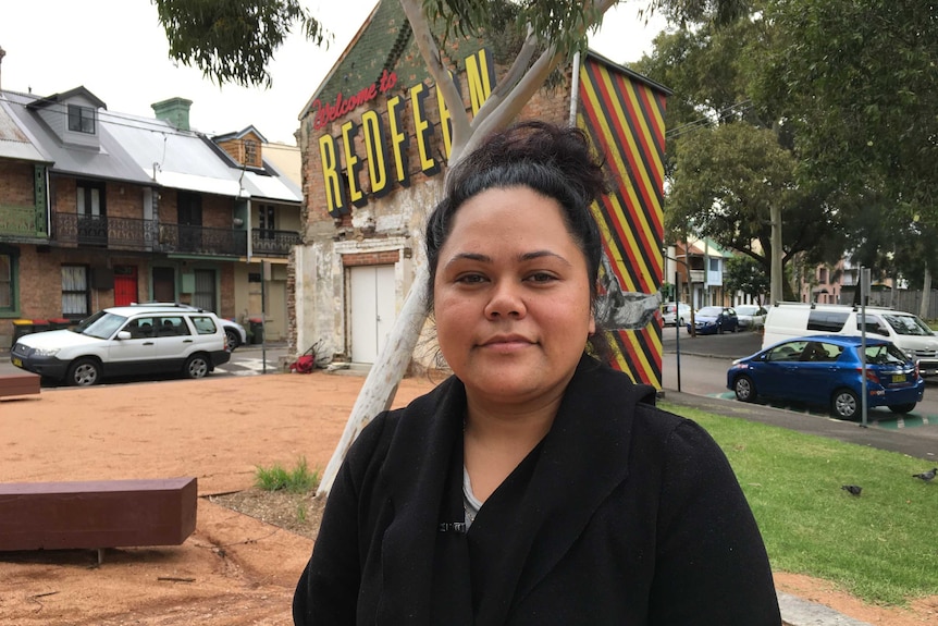 Alisa Tutuila speaks to reporters in Redfern