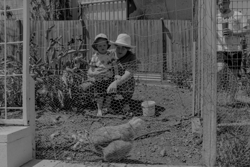 A woman sits next to a toddler looking at chickens 