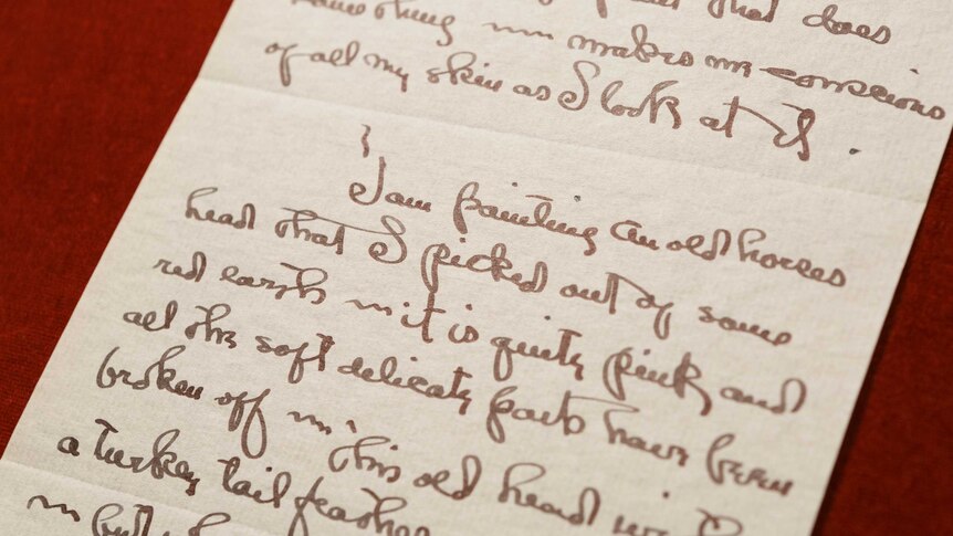 Closeup of handwritten letter against red background by Georgia O'Keeffe.