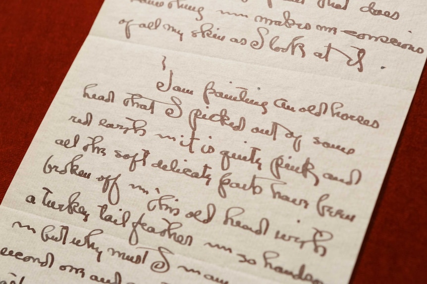 Closeup of handwritten letter against red background by Georgia O'Keeffe.