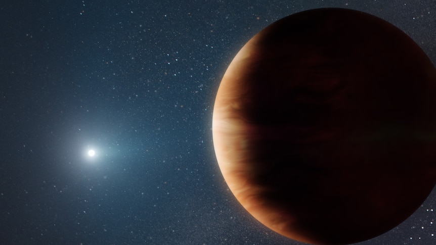 Illustration of a big brown planet and a distant white star