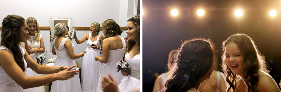 Composite image: a group of young women finalising hair styles, and two young women under bright stage lights.