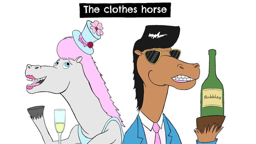 A cartoon drawing of two horses dressed up and drinking champagne