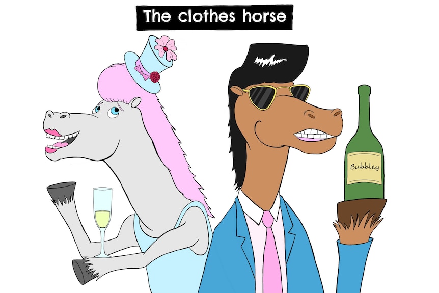 A cartoon drawing of two horses dressed up and drinking champagne