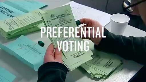 Hands hold ballot papers, text overlay "Preferential Voting"