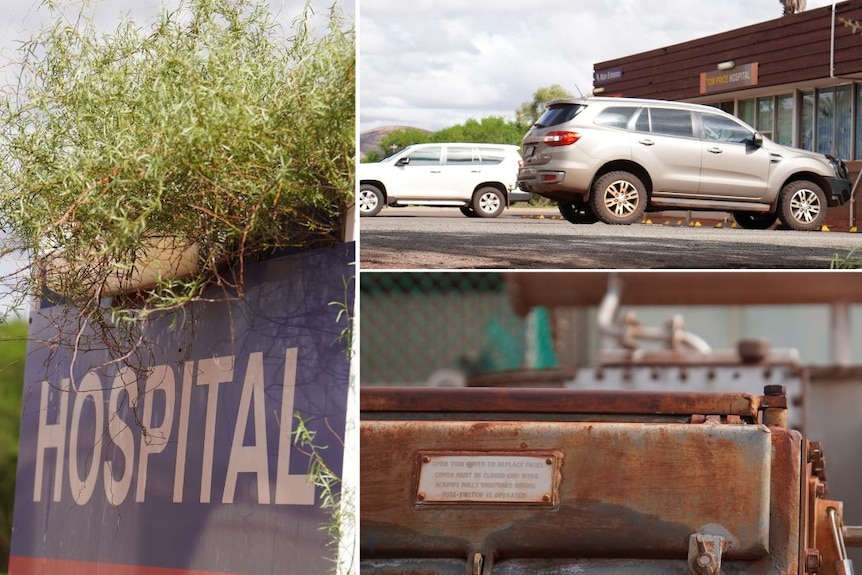Three images of the Tom Price Hospital. A sign with foliage growing over it, a rusted bit of electrical infrastructure a wide sh