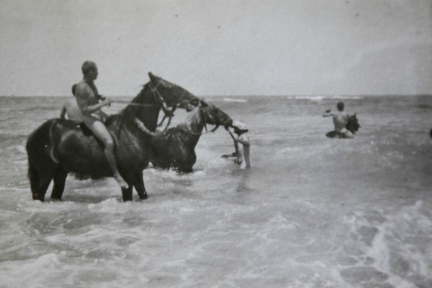 "Surfing horses" and naked soldiers take a dip at the beach in Palestine.