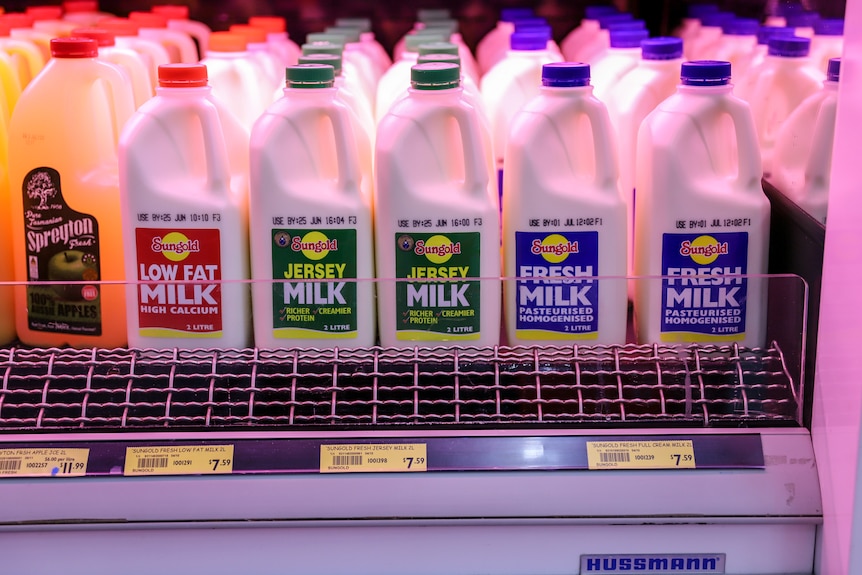 A supermarket milk fridge with a row of 2 litre bottles costing $7.59