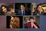 A group of young people appear on a screen as part of a video call.