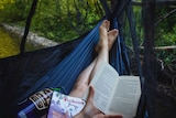Man in a hammock reading a book.