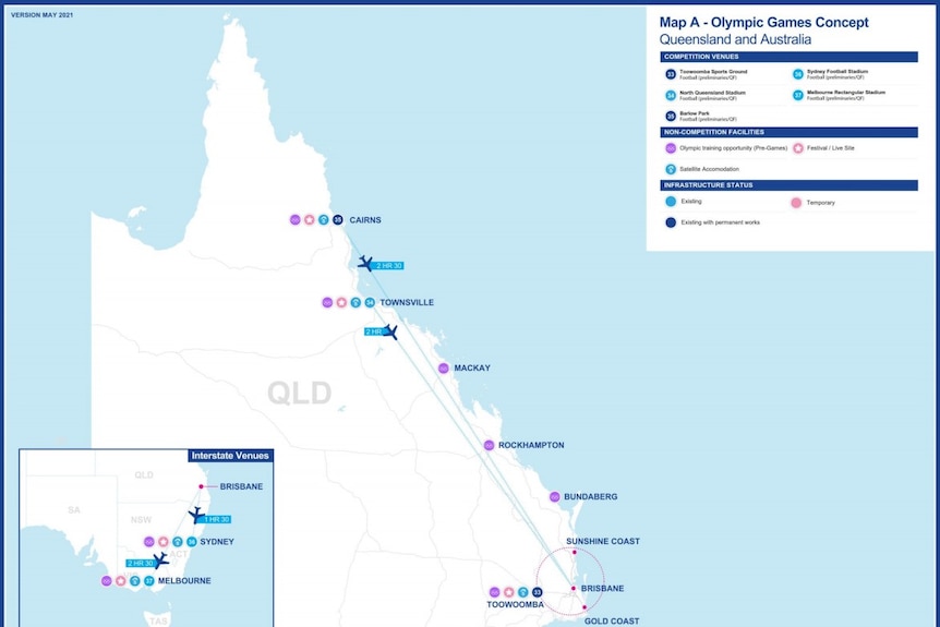 A map showing Olympic venues across Queensland