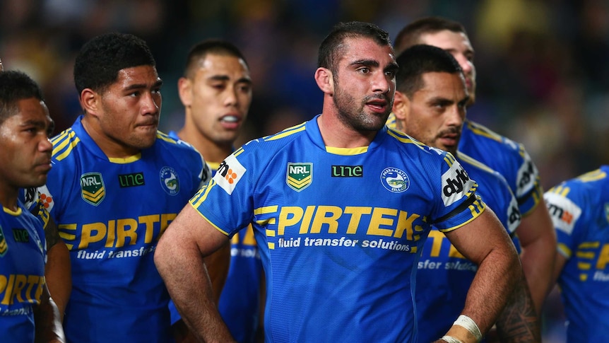 Eels skipper Tim Mannah and his team looking dejected during a recent loss