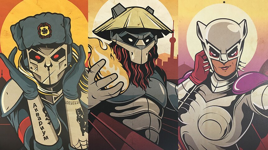 Three colourful comic book-style cartoon characters representing Russia, China and Iran.