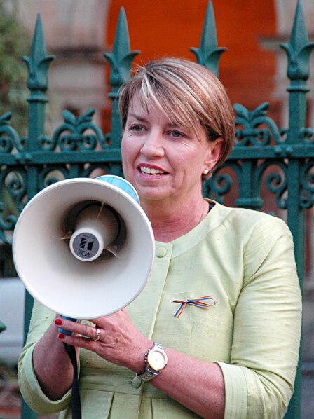 Queensland's Premier Anna Bligh speaks at a gay rights rally outside Parliament House in Brisbane