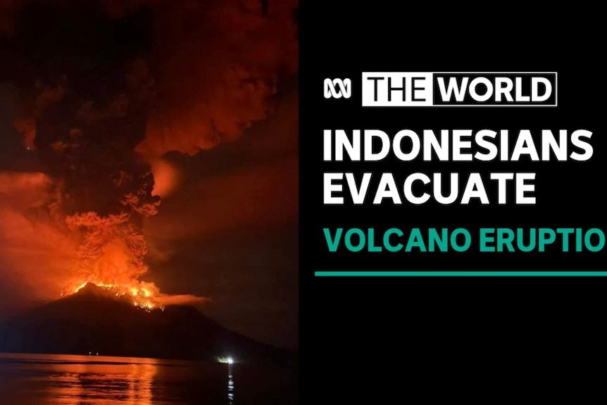 Indonesians Evacuate, Volcano Eruption: A volcano erupts at night, with an orange glow reflected in a body of water in front.