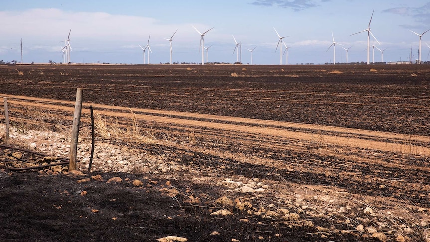 Burnt property with windfarms