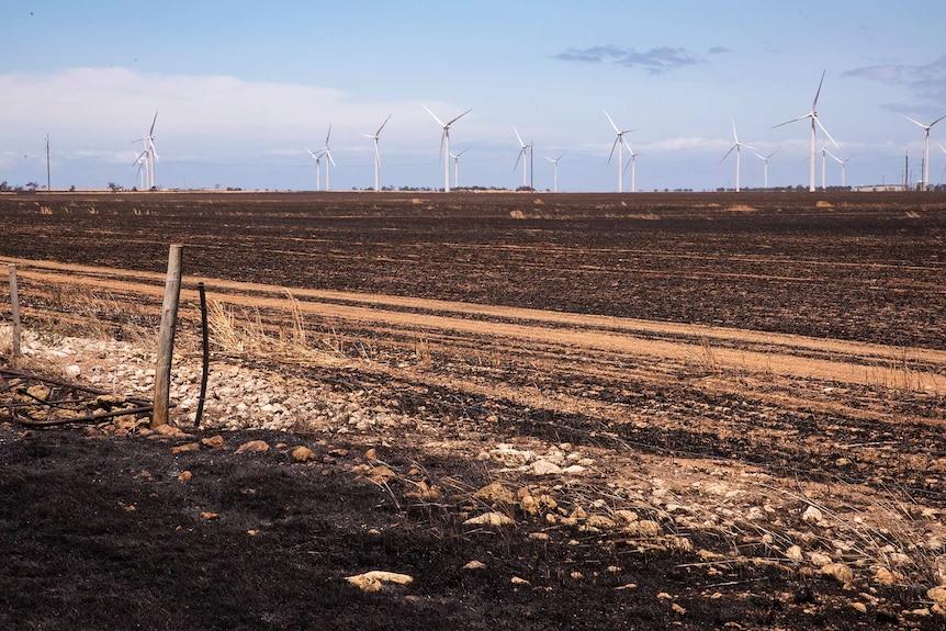 Burnt property with windfarms