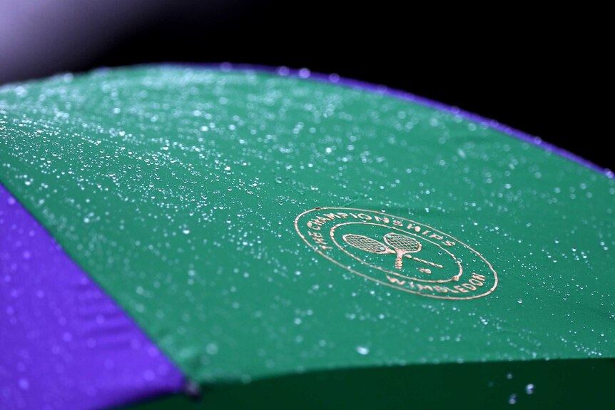 Close up of rain on an umpire's umbrella at Wimbledon 2016.