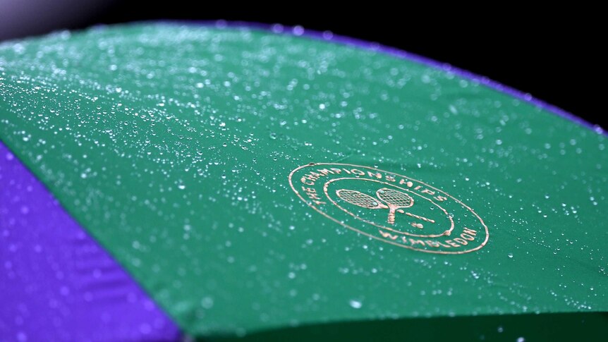 Close up of rain on an umpire's umbrella at Wimbledon 2016.