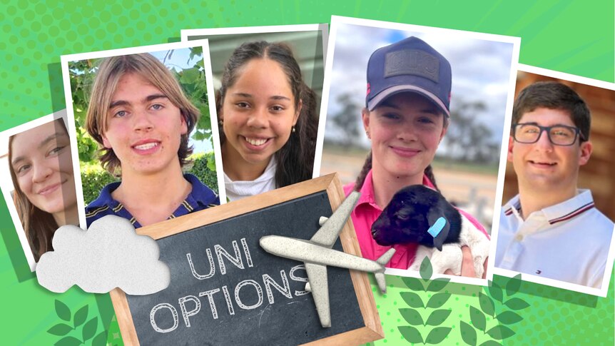 Individual pictures of five teenagers' faces on a colourful background with a sign reading "uni options" and picture of a plane.