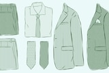 An illustrated flat lay of shirts, jackets, trousers and ties to depict how to find the perfect suit.