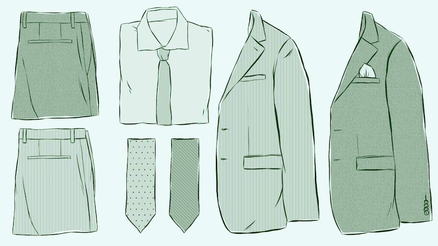 An illustrated flat lay of shirts, jackets, trousers and ties to depict how to find the perfect suit.