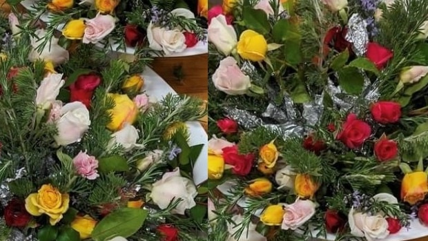 leafy flowers with red and yellow blooms in white containers