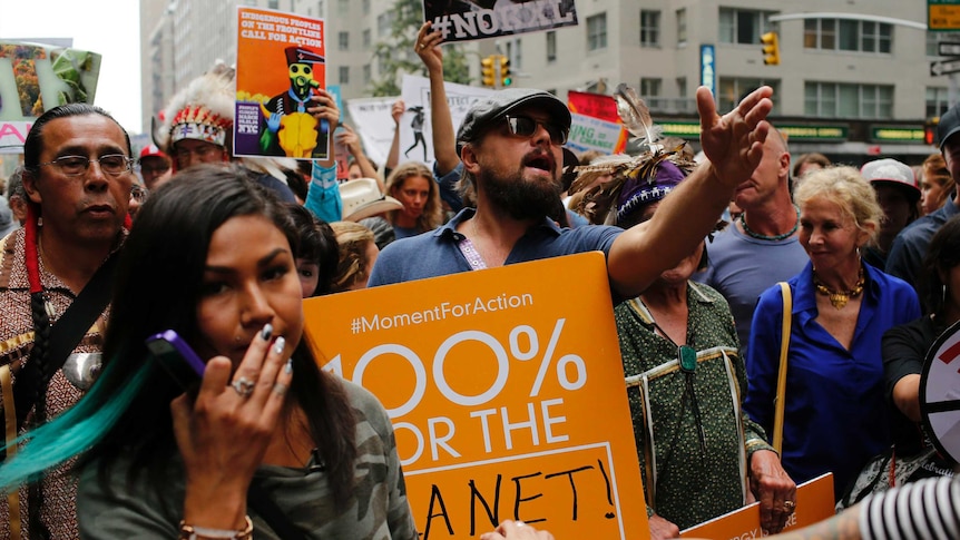 Actor Leonardo DiCaprio marches in a Climate Change Rally in New York, September 21, 2014.