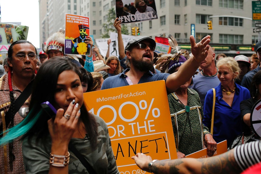 Actor Leonardo DiCaprio marches in a Climate Change Rally in New York, September 21, 2014.