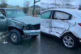 A composite image showing the smashed front of a ute and impacted side of a small car.