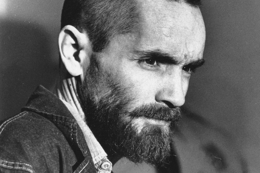 Charles Manson has his head shaved, but still has a long beard. A head shot, he is in profile looking right.