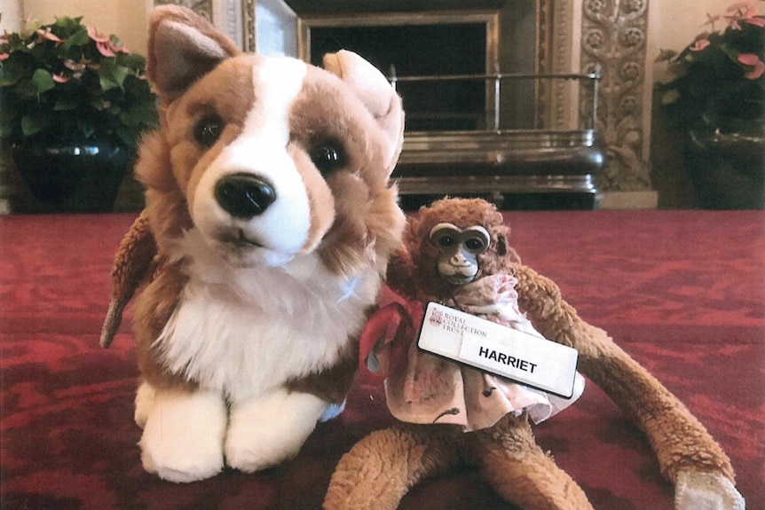 A toy dog and a toy monkey with a name tag saying Harriet