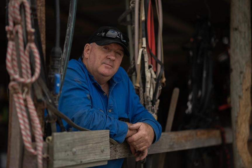 A man leans on a stable fence.