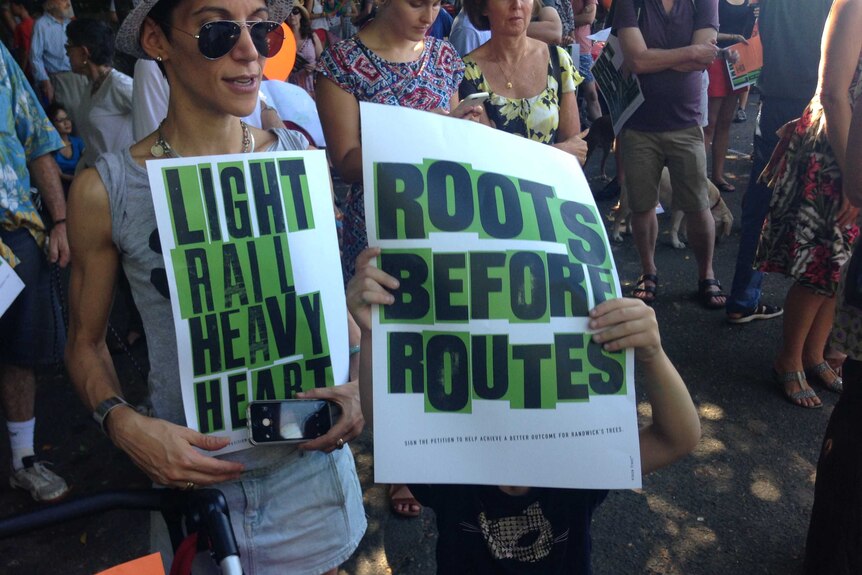 People hold a sign saying "Roots (as in tree roots), not Routes (as in road routes)"