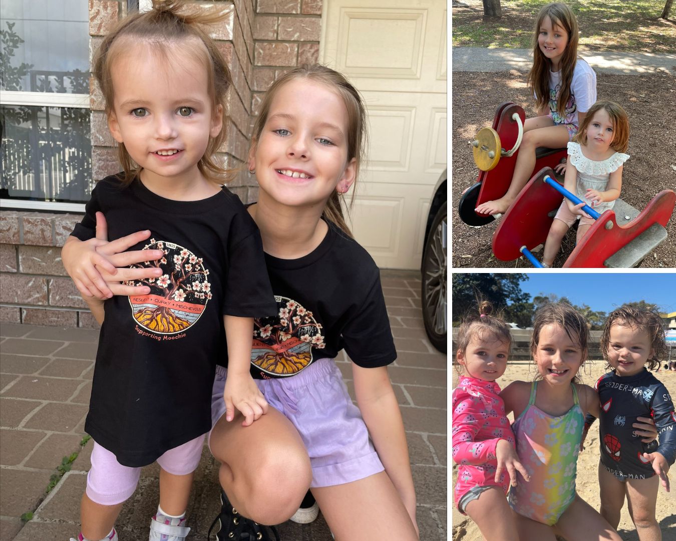 A collage of a toddler with her sister and their cousin.