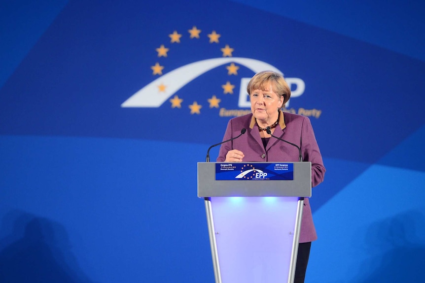 German Chancellor Angela Merkel speaking in 2012