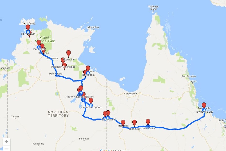 A screenshot of Google Maps, showing the stops Mr Kelly will take between Darwin and Townsville.