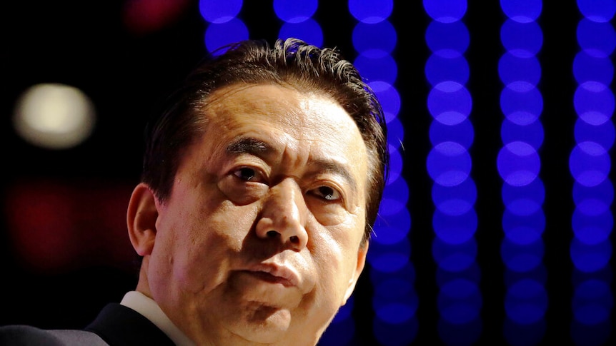 Meng Hongwei speaking at the Interpol World Congress in Singapore in 2017.