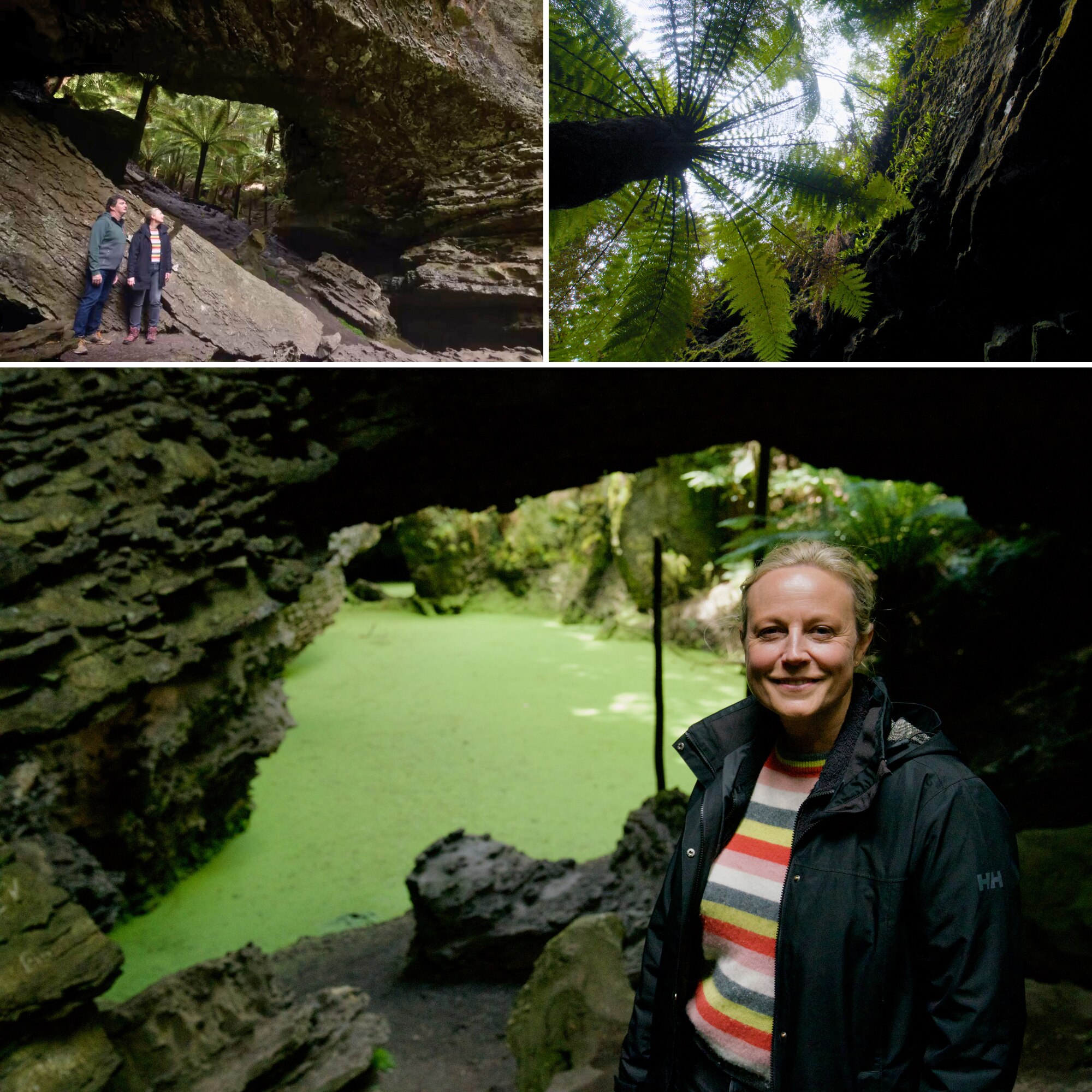 Arch-shaped rock feature in rainforest with lime-green pond at its base