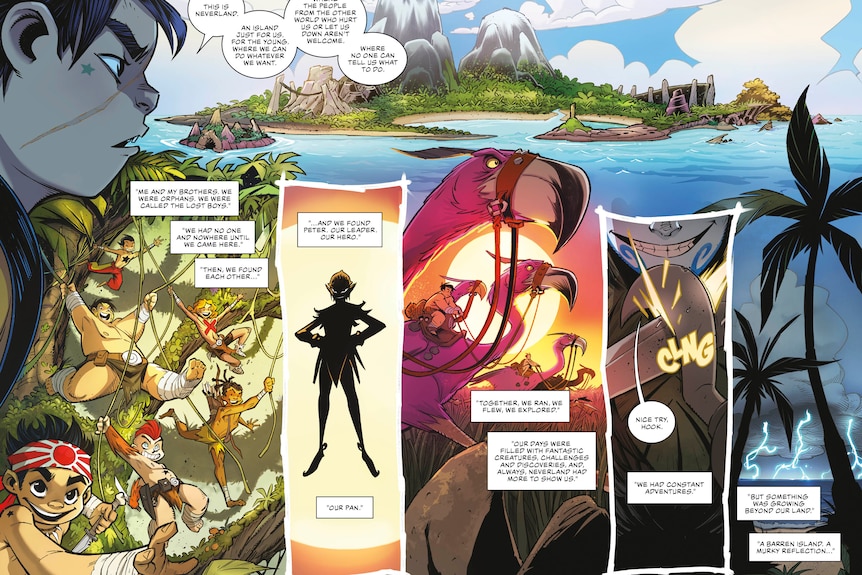 A comic book page featuring an island with colourful characters.