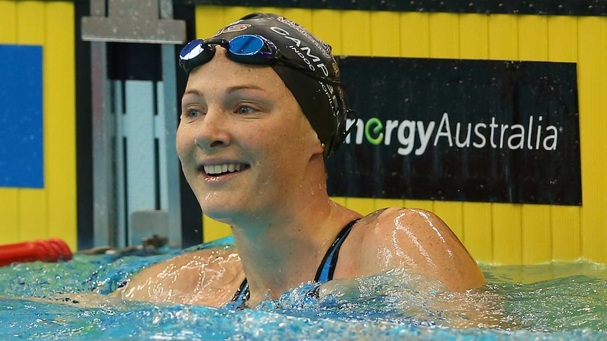 Australia's Cate Campbell looks at her time after competing in the heats of the women's 100m freestyle.