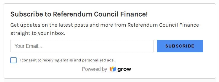 A form asking people to sign up to email updates from a website called Referendum Council Finance